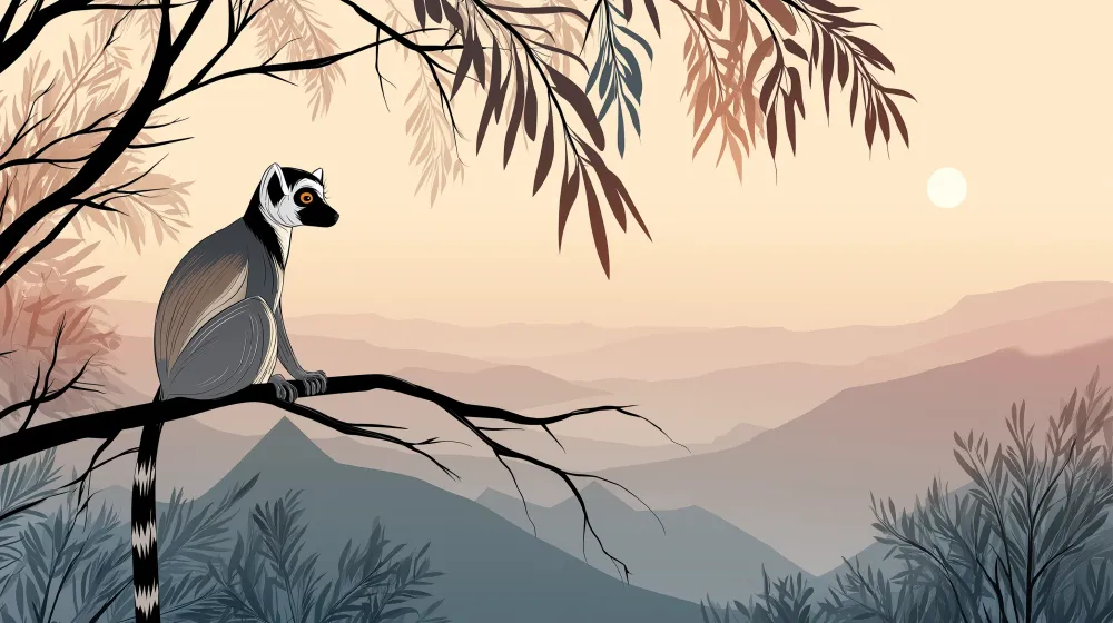 Papier de parede dječje sobe | Lemur na grani pri izlasku sunca