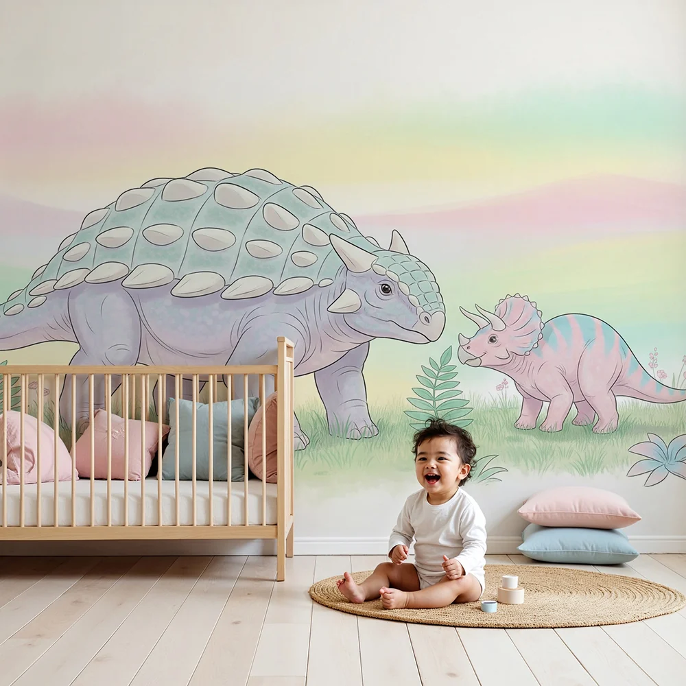 Papier de parede dječje sobe | Nježni dinosaurusi u pastelnom krajoliku