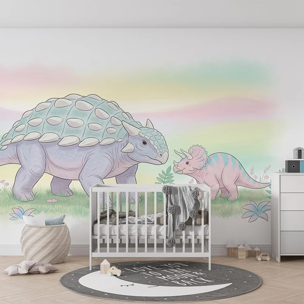 Papier de parede dječje sobe | Nježni dinosaurusi u pastelnom krajoliku