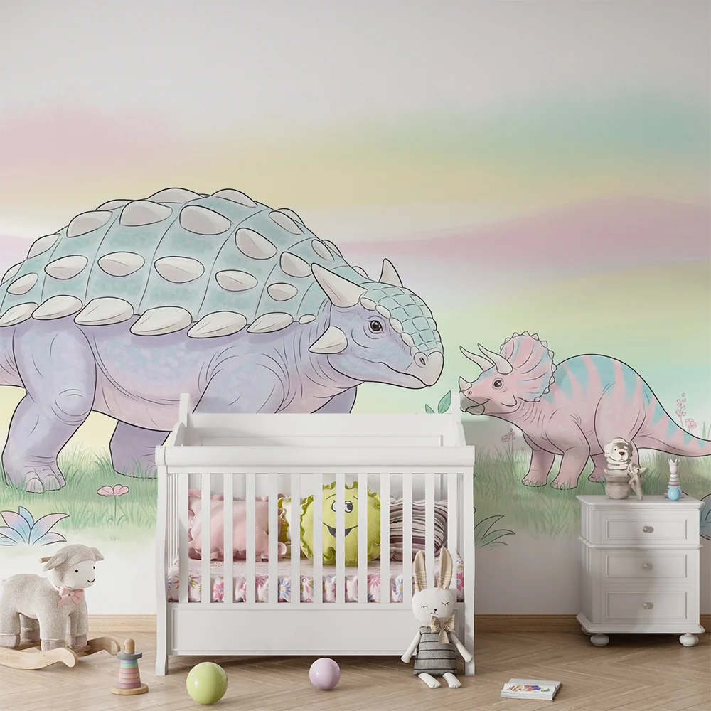 Papier de parede dječje sobe | Nježni dinosaurusi u pastelnom krajoliku
