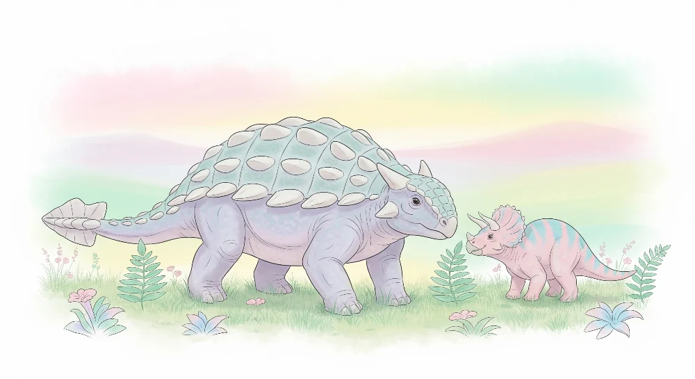 Papier de parede dječje sobe | Nježni dinosaurusi u pastelnom krajoliku