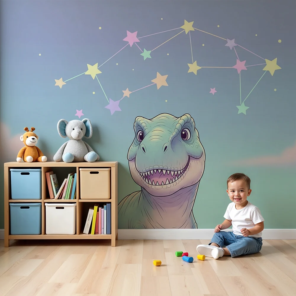 Papier de parede dječje sobe | Osmijehom dinosaurusa ispod pastelnog zvjezdanog neba
