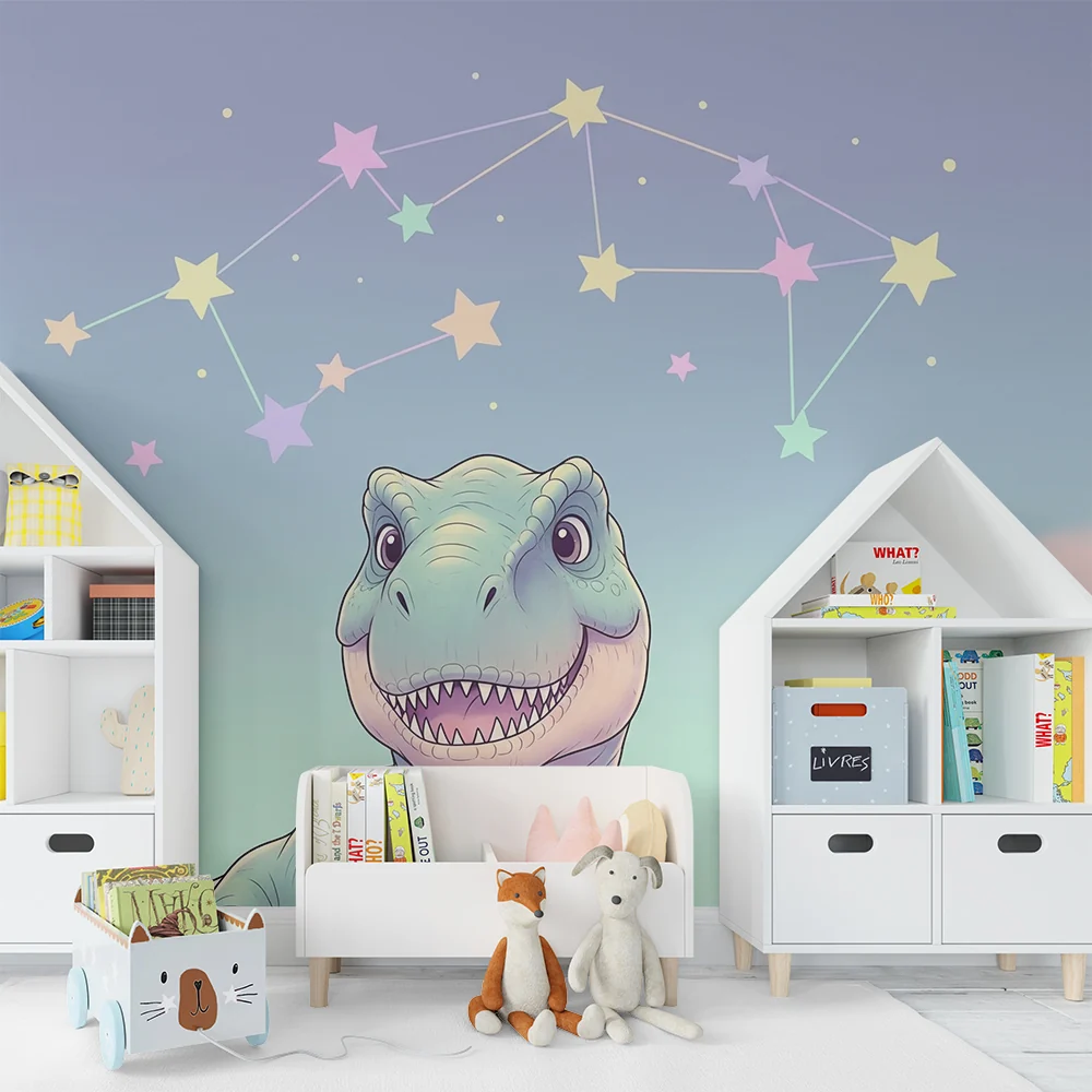 Papier de parede dječje sobe | Osmijehom dinosaurusa ispod pastelnog zvjezdanog neba