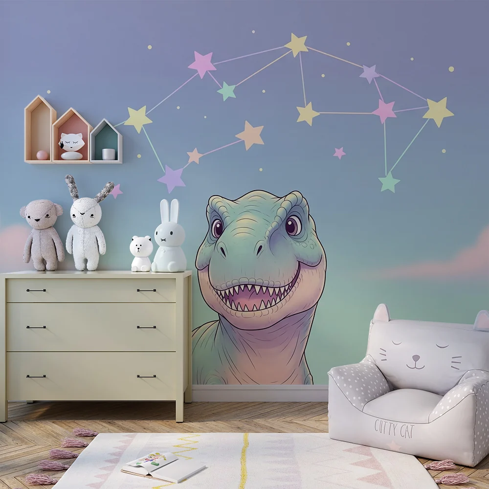 Papier de parede dječje sobe | Osmijehom dinosaurusa ispod pastelnog zvjezdanog neba