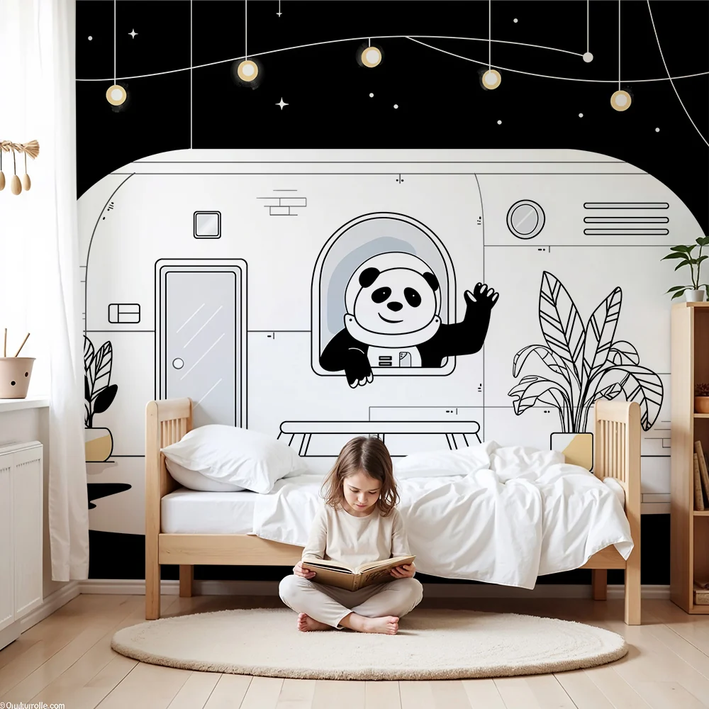 Papier de parede dječje sobe | Panda astronaut u svemirskom brodu ispod zvjezdano neba