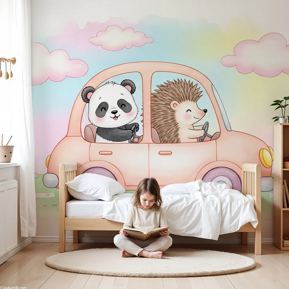 Papier de parede dječje sobe | Panda i jež u autu