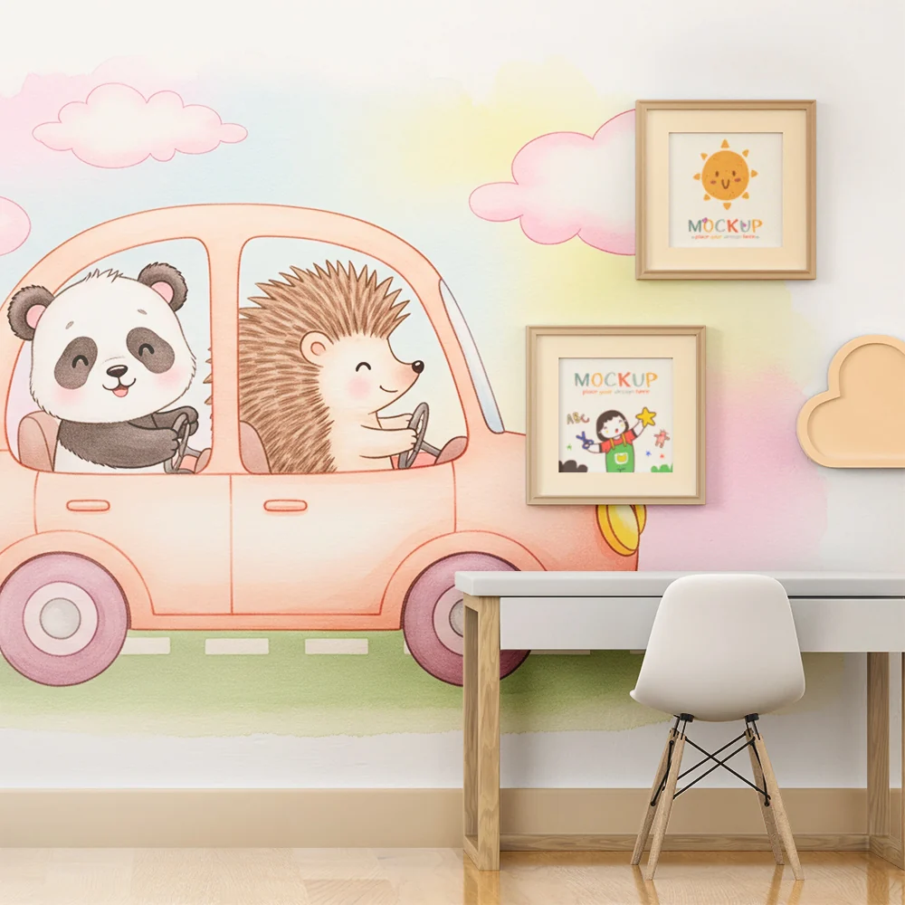 Papier de parede dječje sobe | Panda i jež u autu