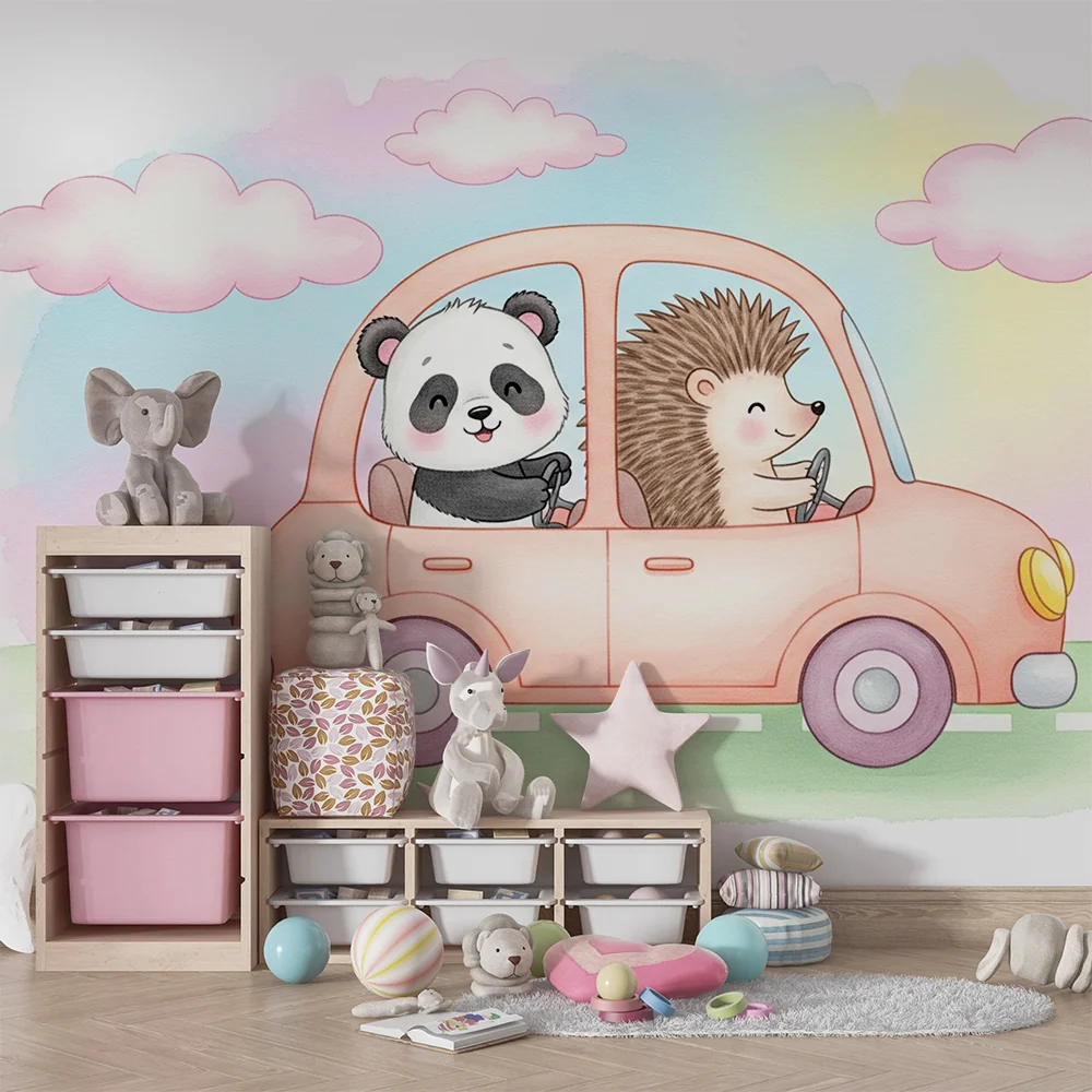Papier de parede dječje sobe | Panda i jež u autu