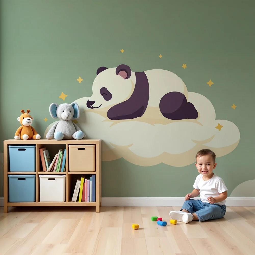 Papier de parede dječje sobe | Sanjivi panda na oblaku na pozadini svijetlozelene boje