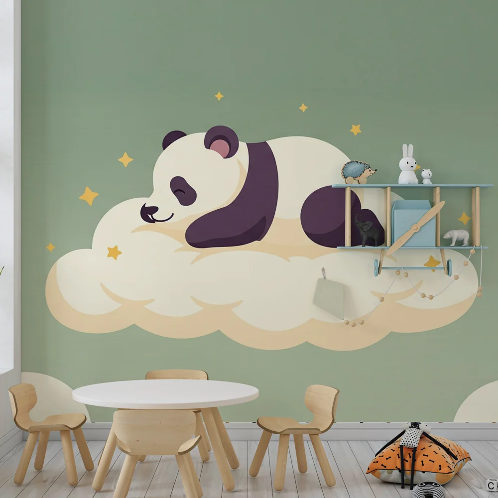 Papier de parede dječje sobe | Sanjivi panda na oblaku na pozadini svijetlozelene boje