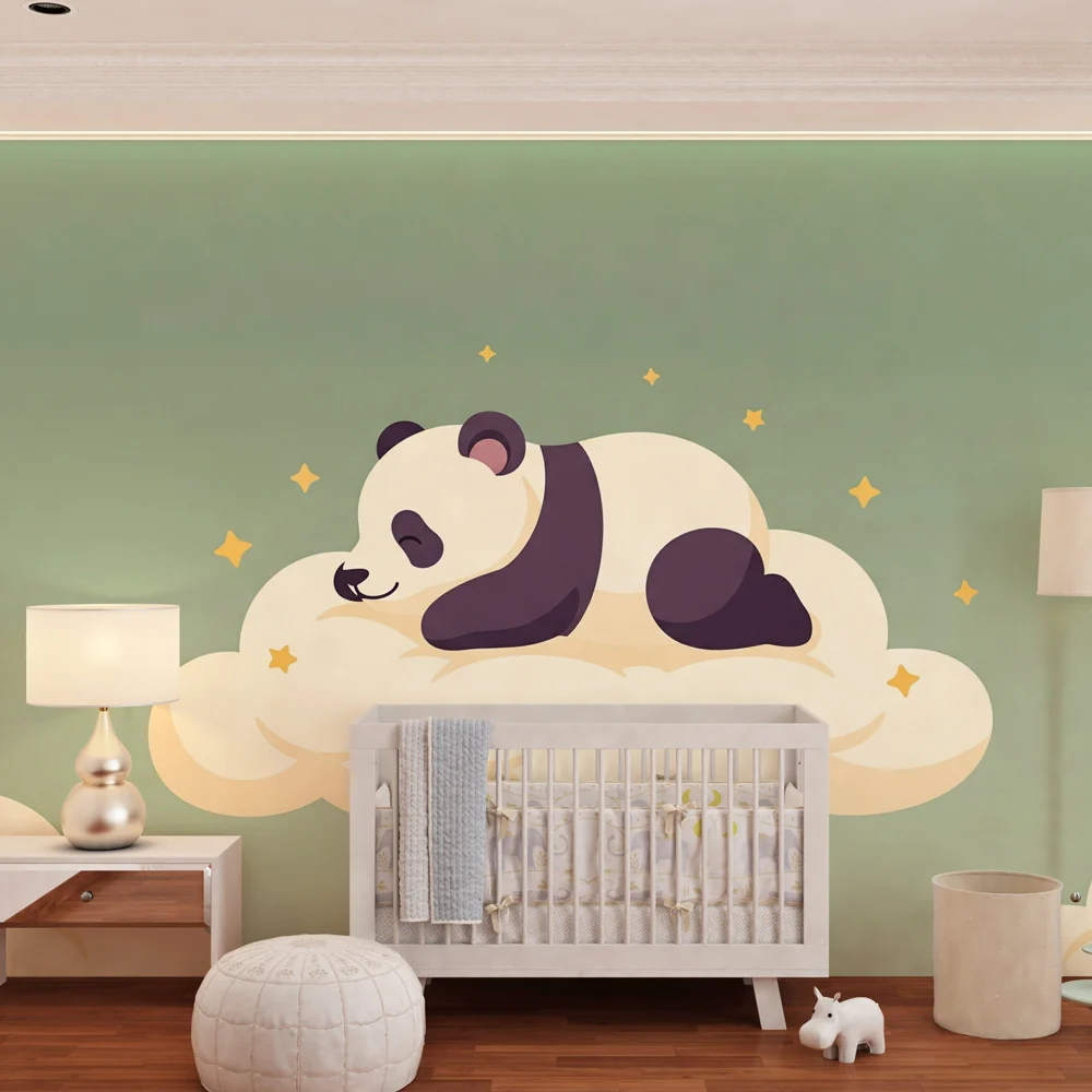 Papier de parede dječje sobe | Sanjivi panda na oblaku na pozadini svijetlozelene boje