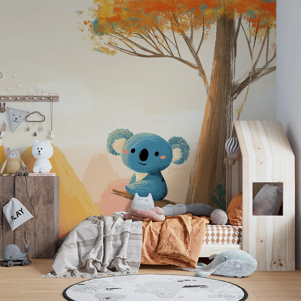 Papier de parede dječje sobe | Simpaticna koala na grani s šarenim brdima