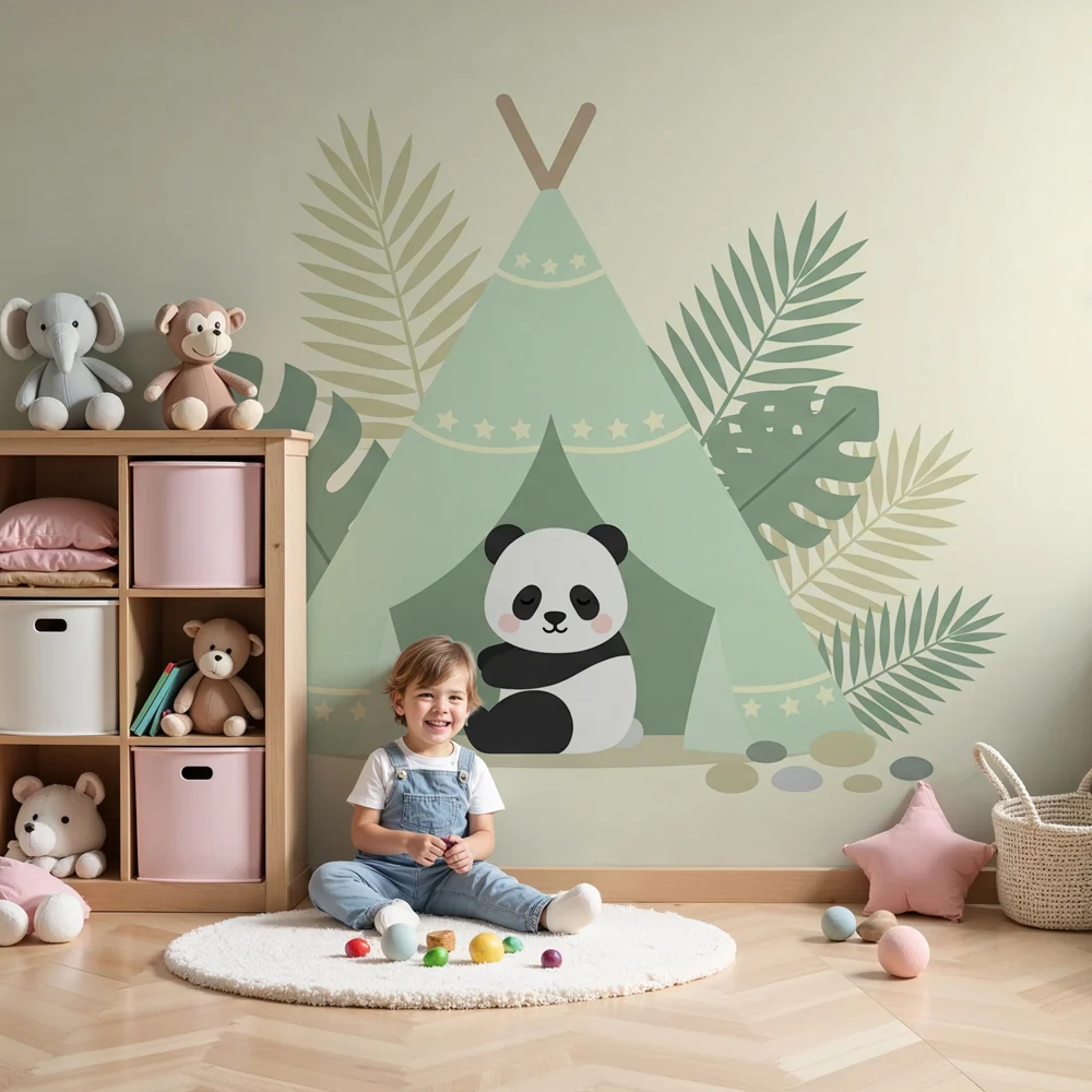 Papier de parede dječje sobe | Simpatični panda i šator za kampiranje