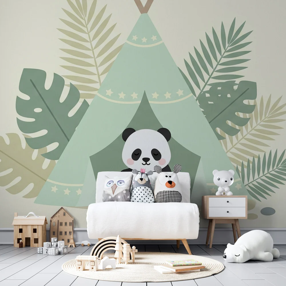 Papier de parede dječje sobe | Simpatični panda i šator za kampiranje