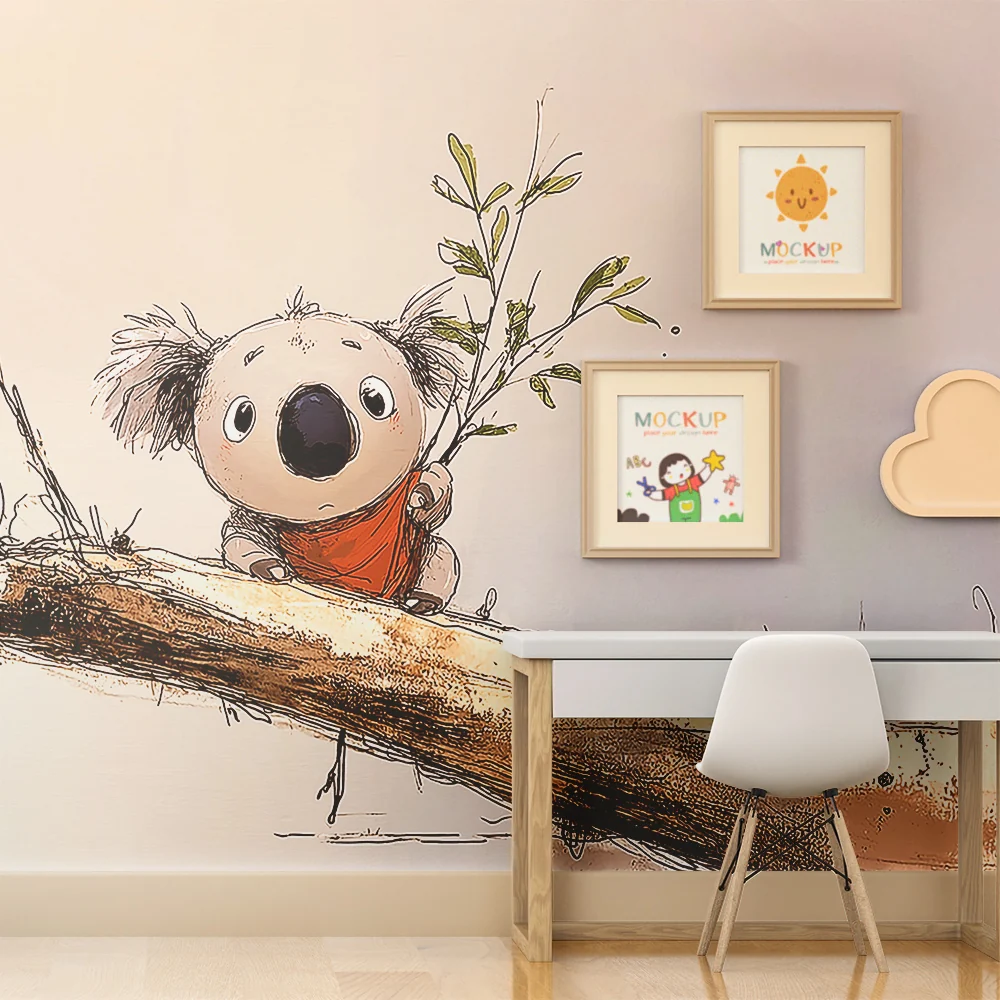Papier de parede dječje sobe | Sladak mali koala na grani s zelenim lišćem