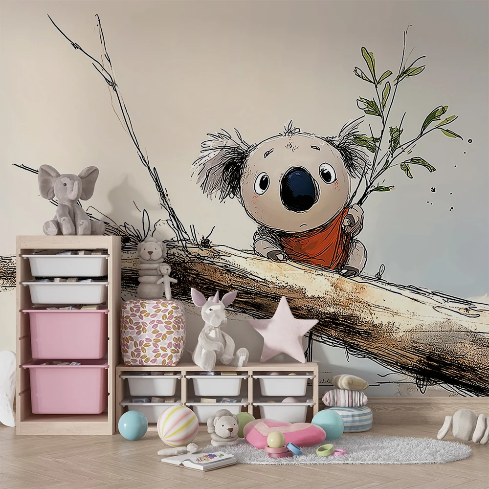 Papier de parede dječje sobe | Sladak mali koala na grani s zelenim lišćem