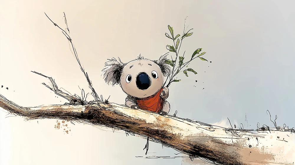 Papier de parede dječje sobe | Sladak mali koala na grani s zelenim lišćem