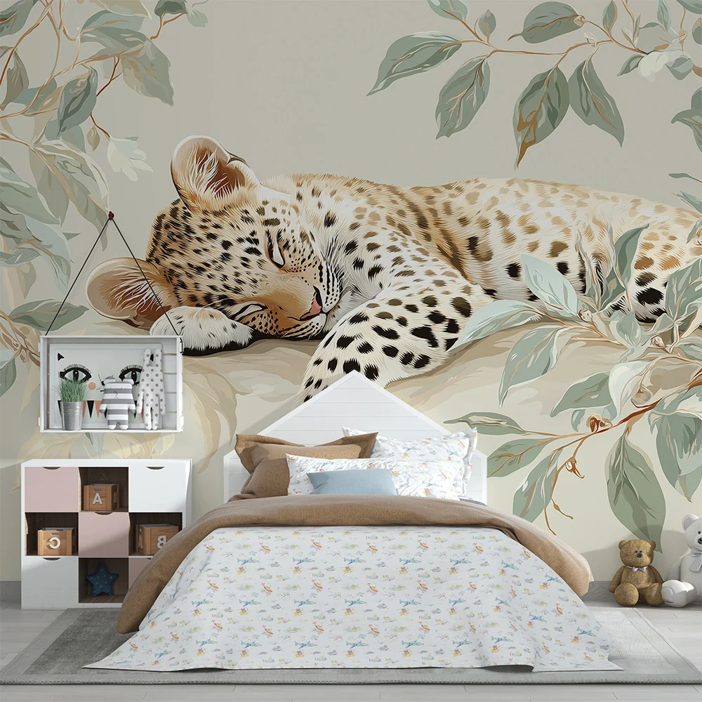 Papier de parede dječje sobe | Spavajući leopard okružen umirujućim lišćem