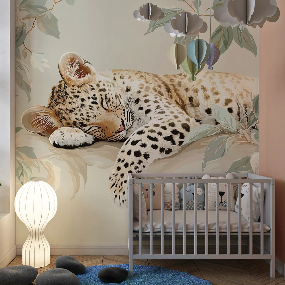 Papier de parede dječje sobe | Spavajući leopard okružen umirujućim lišćem