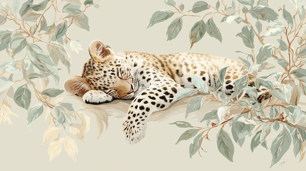 Papier de parede dječje sobe | Spavajući leopard okružen umirujućim lišćem