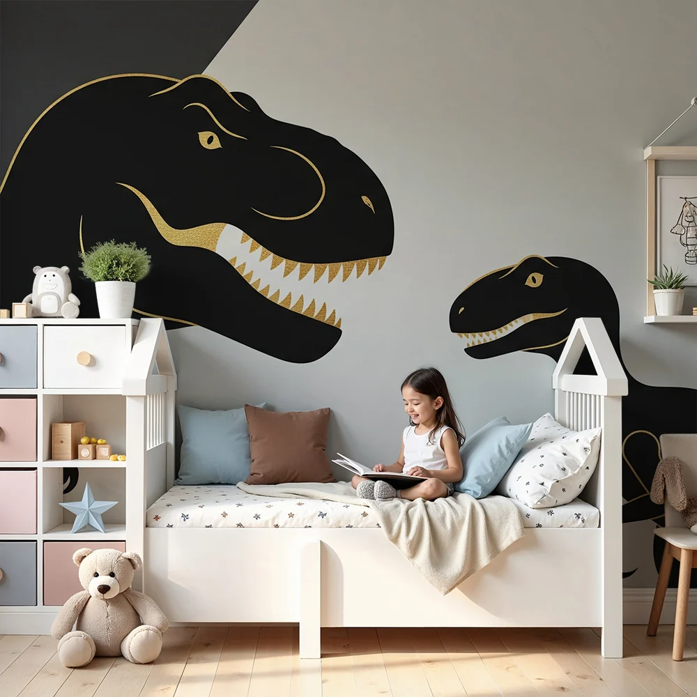 Papier de parede dječje sobe | Stilizirani dinosaurusi u crnoj i zlatnoj boji na minimalističkoj pozadini
