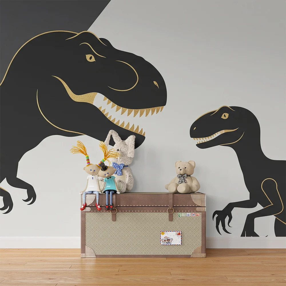 Papier de parede dječje sobe | Stilizirani dinosaurusi u crnoj i zlatnoj boji na minimalističkoj pozadini