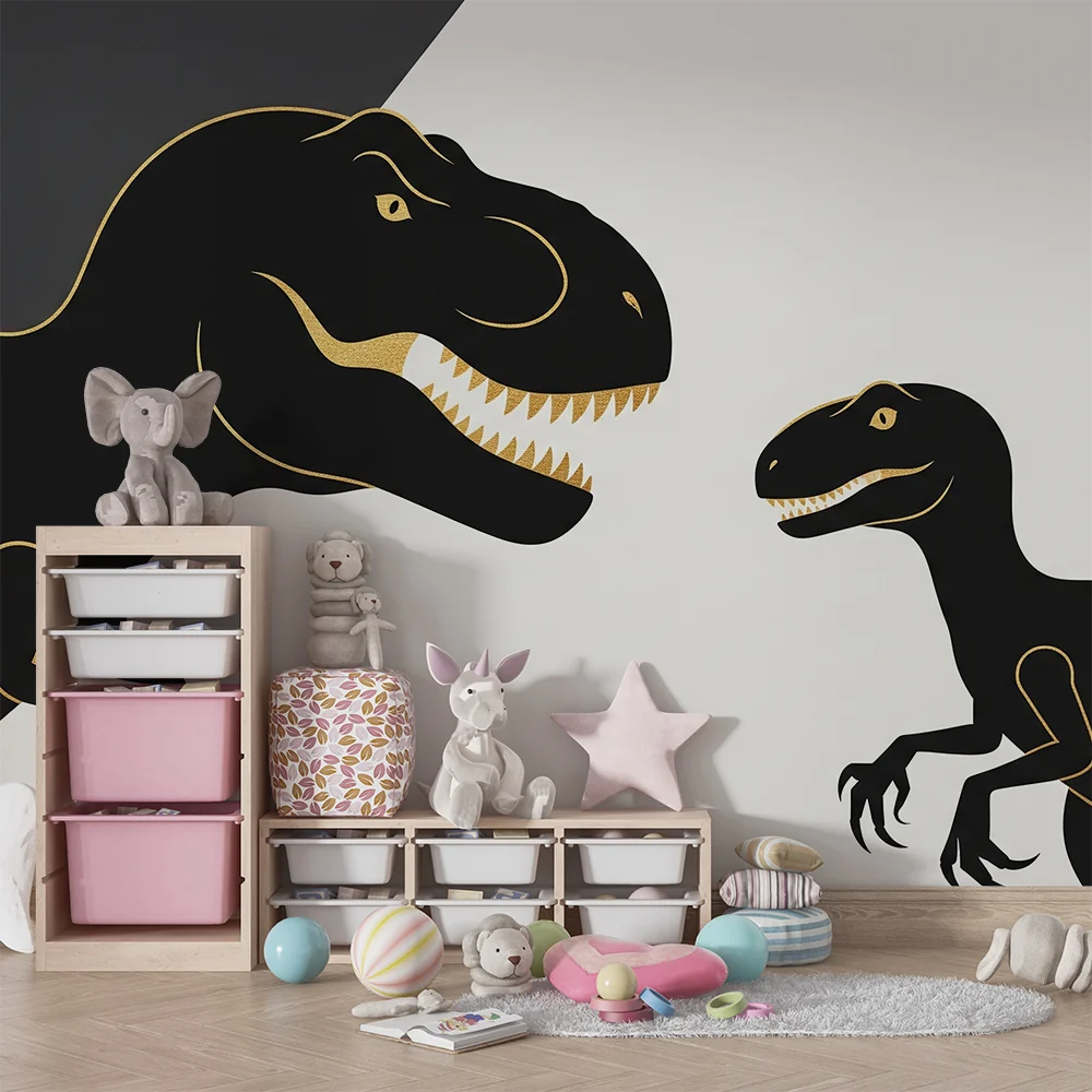 Papier de parede dječje sobe | Stilizirani dinosaurusi u crnoj i zlatnoj boji na minimalističkoj pozadini