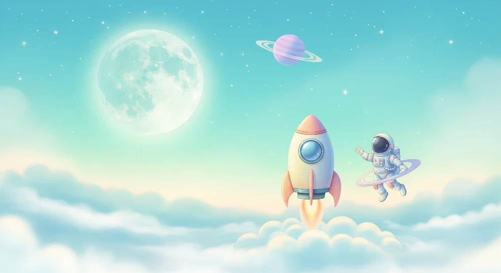 Papier de parede dječje sobe | Svemirsko putovanje s raketom i astronautom