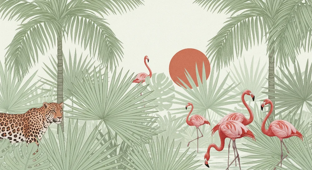 Papier de parede dječje sobe | Tropska džungla s flamingosima i leopardom