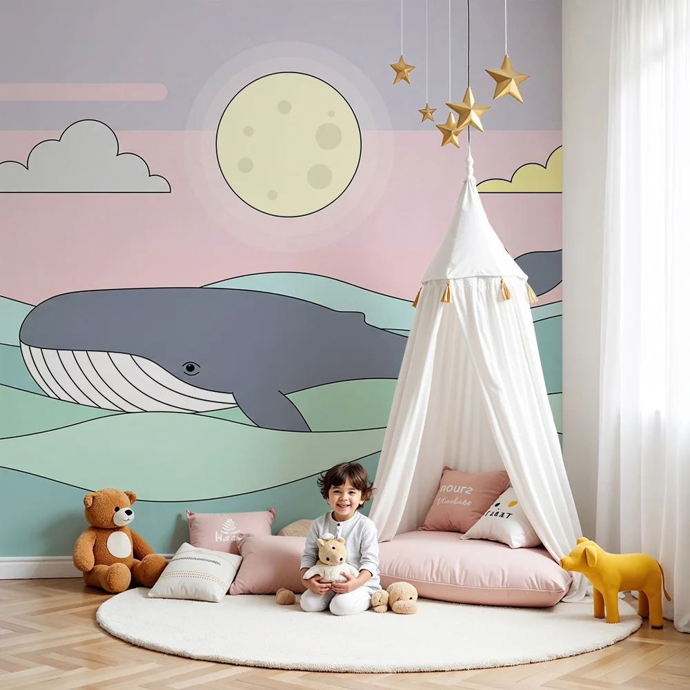 Papier de parede dječje sobe | Velika kit i jedrenjak u pastelnom oceanu