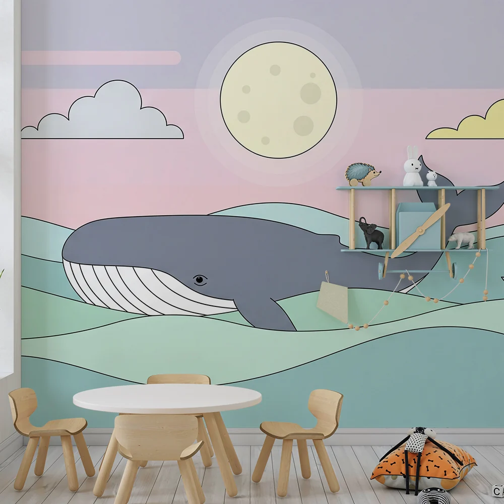 Papier de parede dječje sobe | Velika kit i jedrenjak u pastelnom oceanu