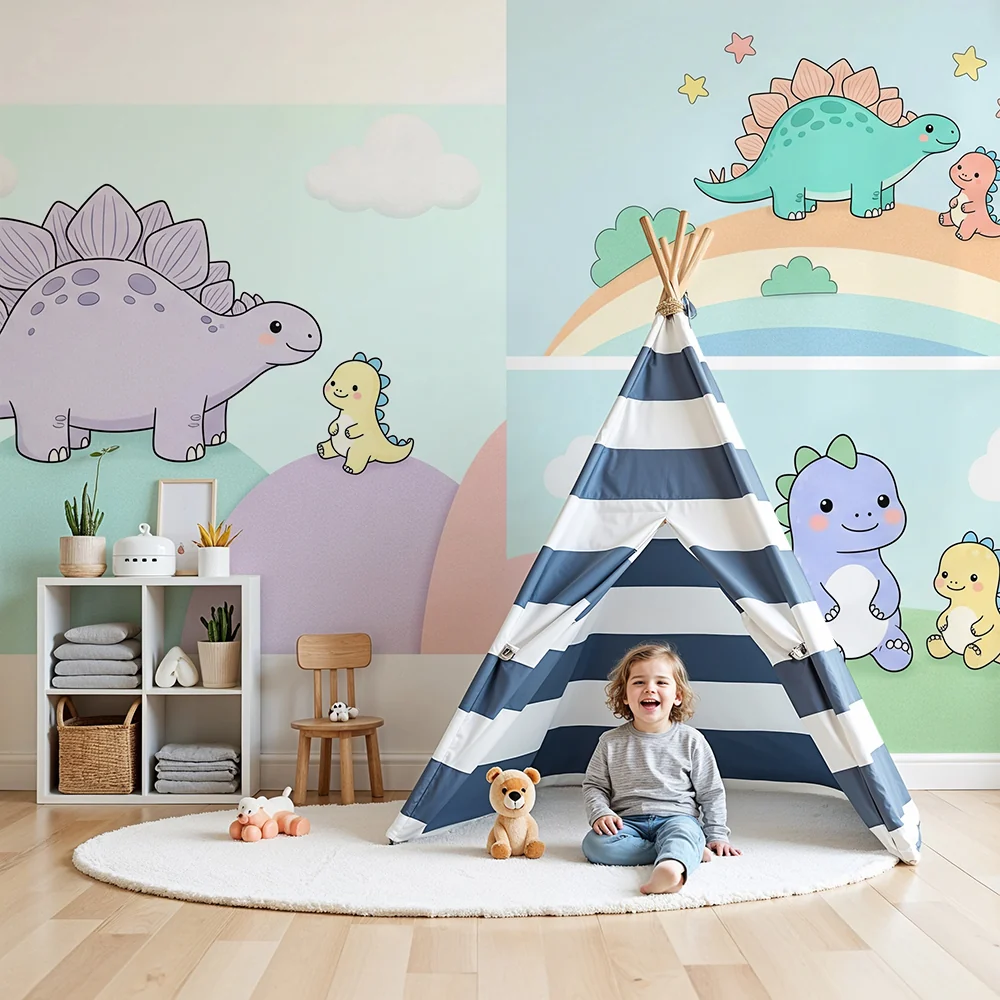 Papier de parede za dječju sobu | Ljupki šareni dinosauri na pastelnoj pozadini