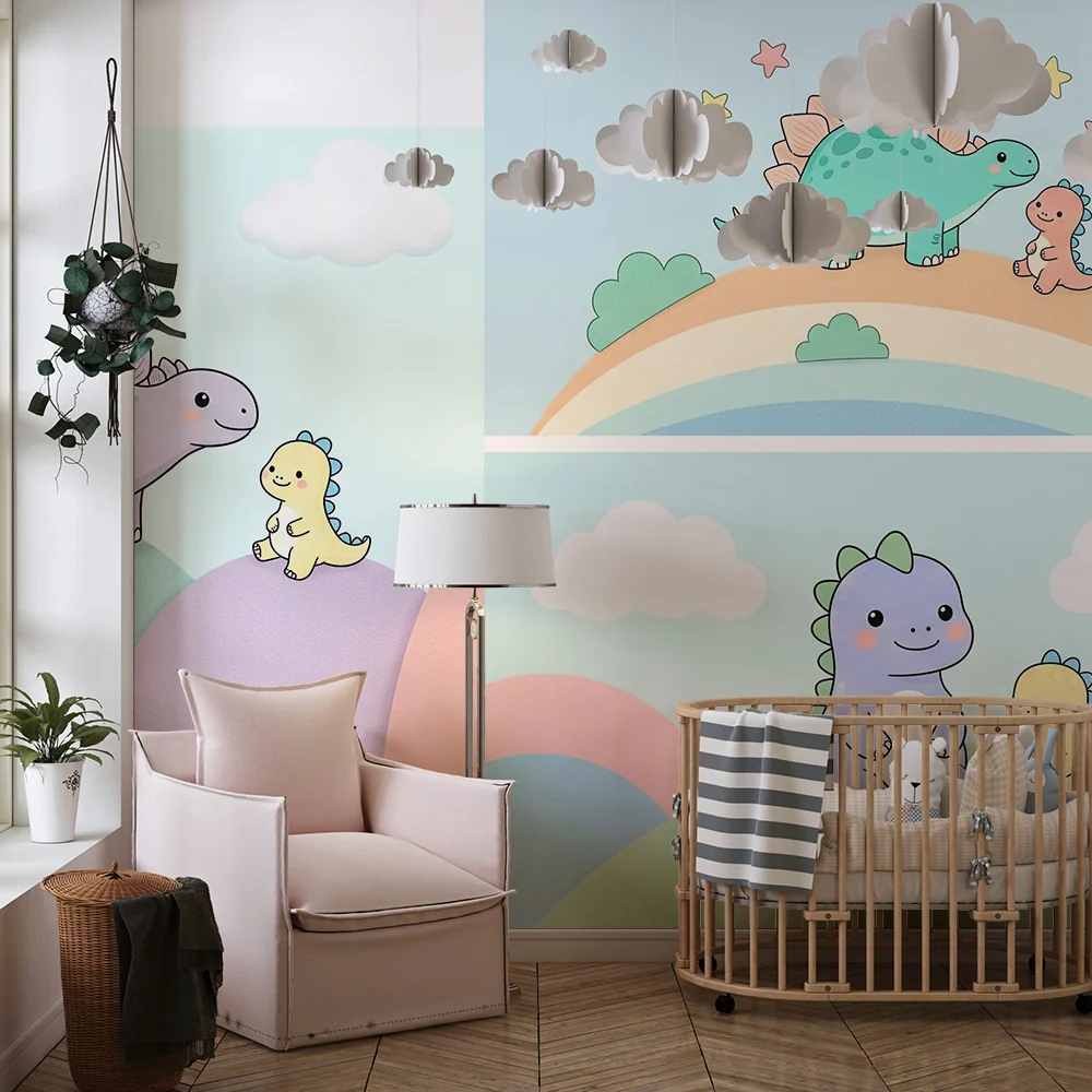 Papier de parede za dječju sobu | Ljupki šareni dinosauri na pastelnoj pozadini