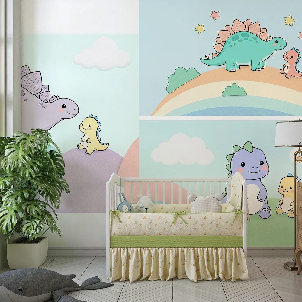 Papier de parede za dječju sobu | Ljupki šareni dinosauri na pastelnoj pozadini