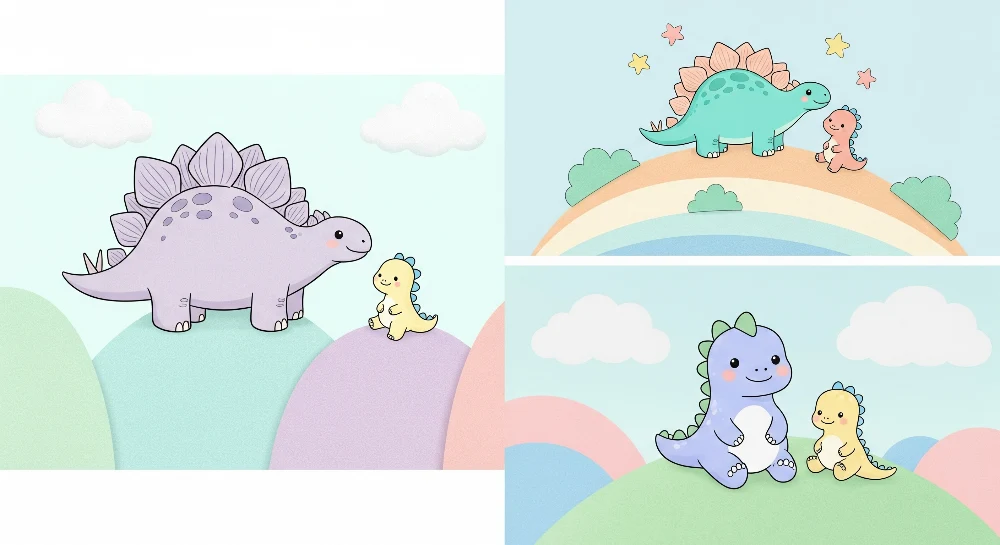 Papier de parede za dječju sobu | Ljupki šareni dinosauri na pastelnoj pozadini