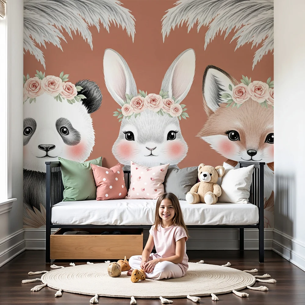 Papier de parede quarto bebê | Adoráveis animais com fundo de flores terracota
