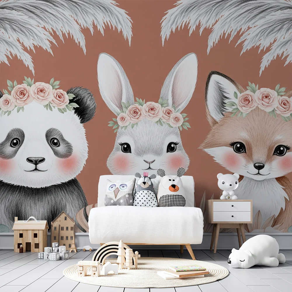 Papier de parede quarto bebê | Adoráveis animais com fundo de flores terracota