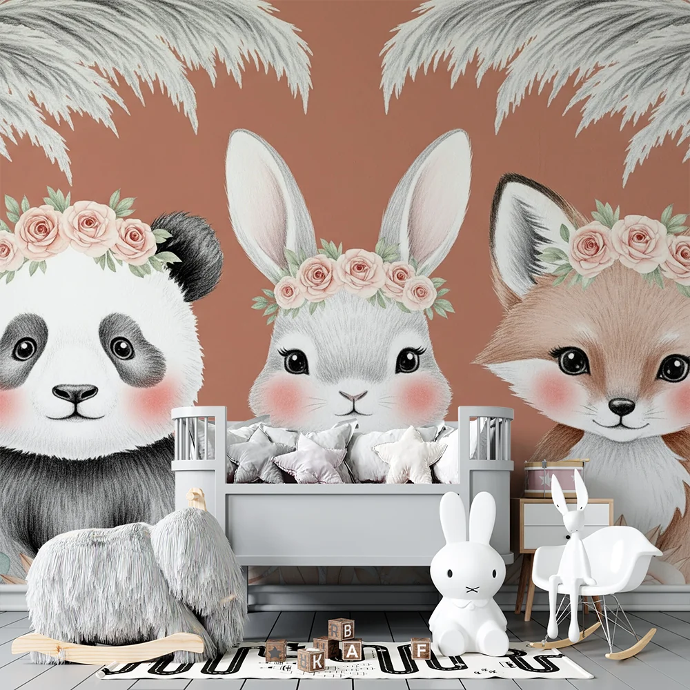 Papier de parede quarto bebê | Adoráveis animais com fundo de flores terracota