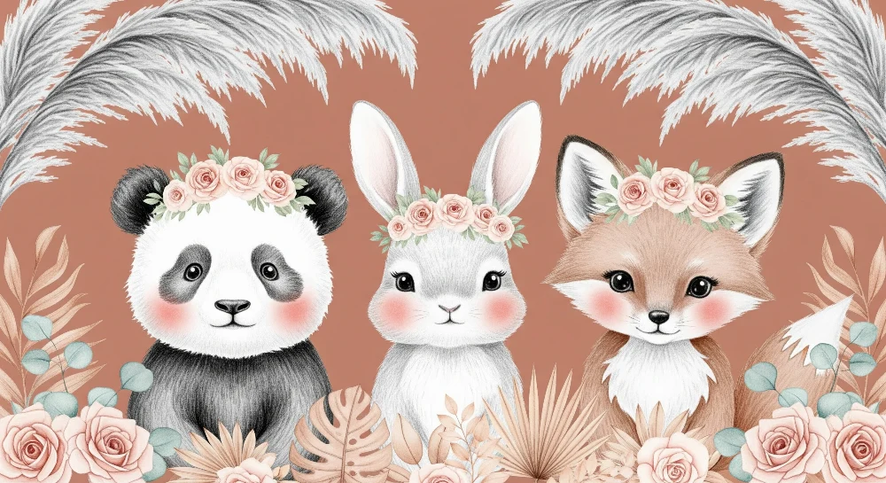 Papier de parede quarto bebê | Adoráveis animais com fundo de flores terracota