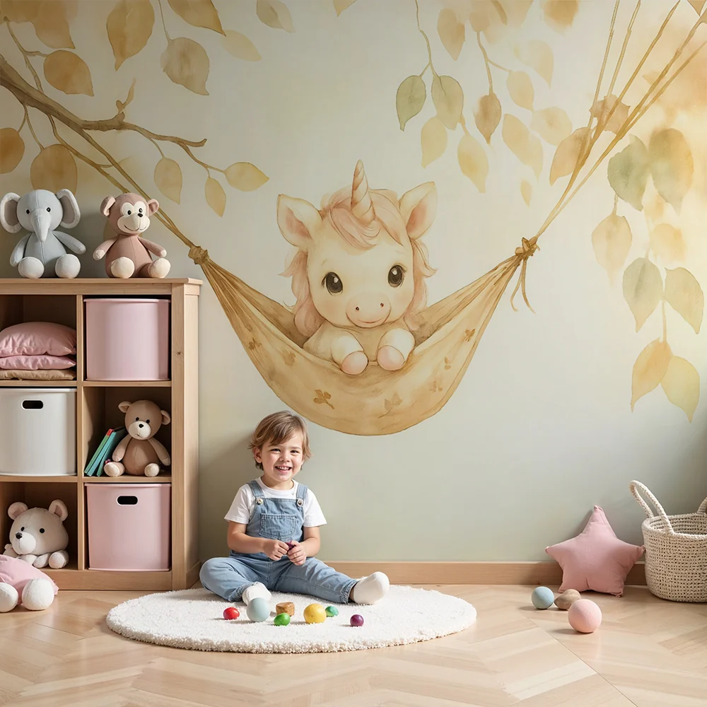 Papier de parede quarto bebê | Adorável unicórnio em sua rede