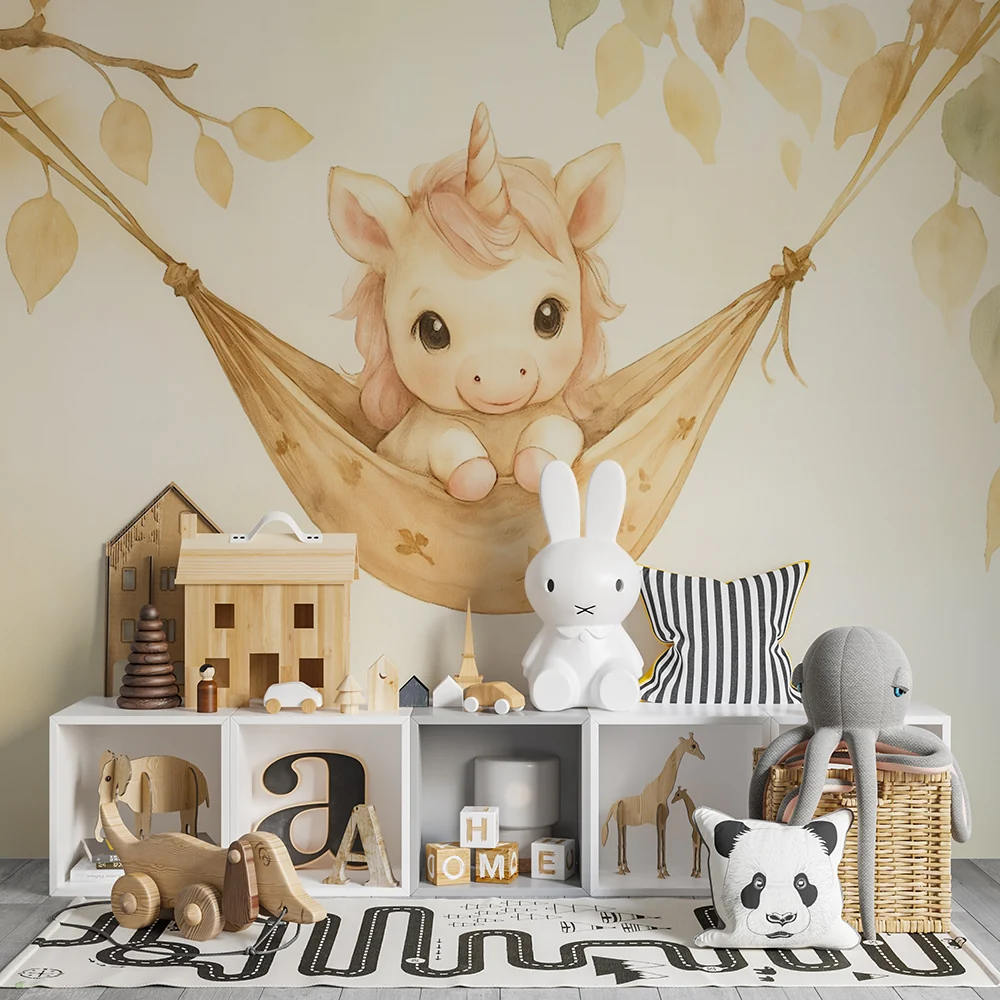 Papier de parede quarto bebê | Adorável unicórnio em sua rede