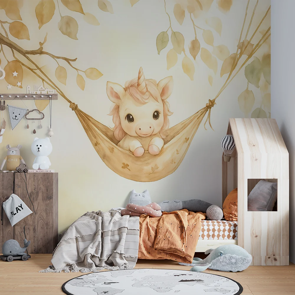Papier de parede quarto bebê | Adorável unicórnio em sua rede