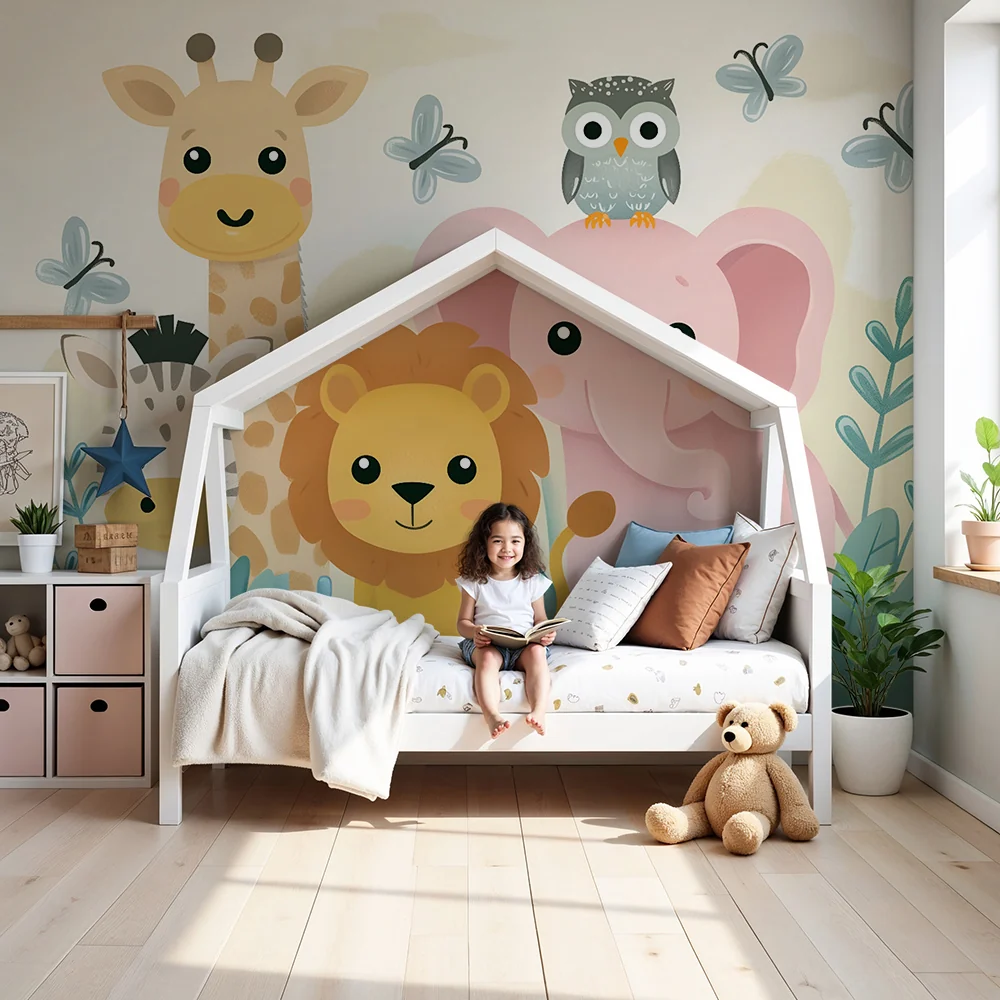 Papier de parede quarto bebê | Animais de safári em tons pastel
