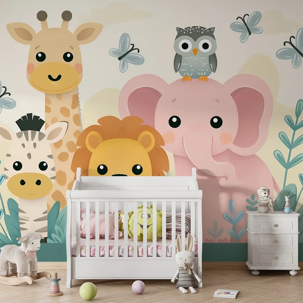 Papier de parede quarto bebê | Animais de safári em tons pastel