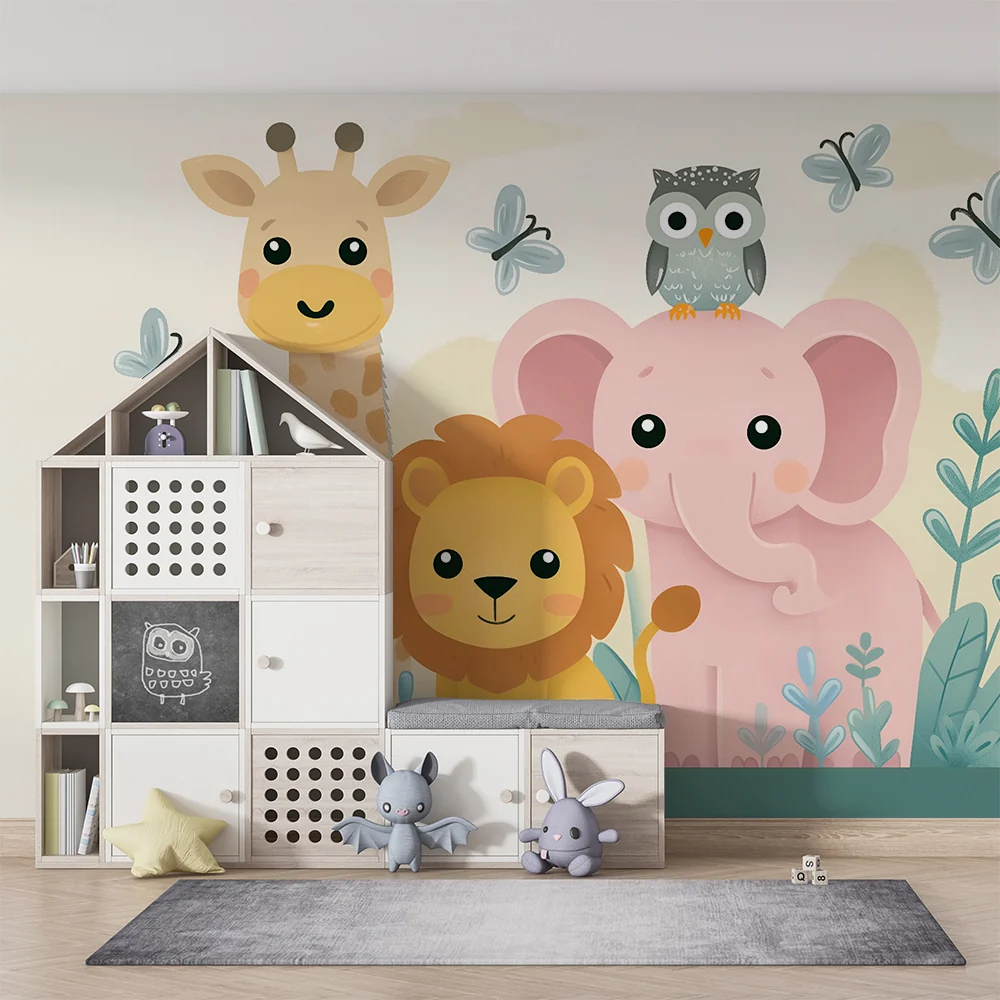 Papier de parede quarto bebê | Animais de safári em tons pastel