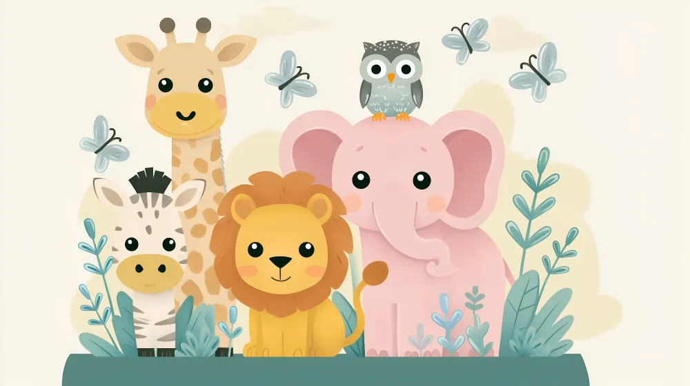 Papier de parede quarto bebê | Animais de safári em tons pastel