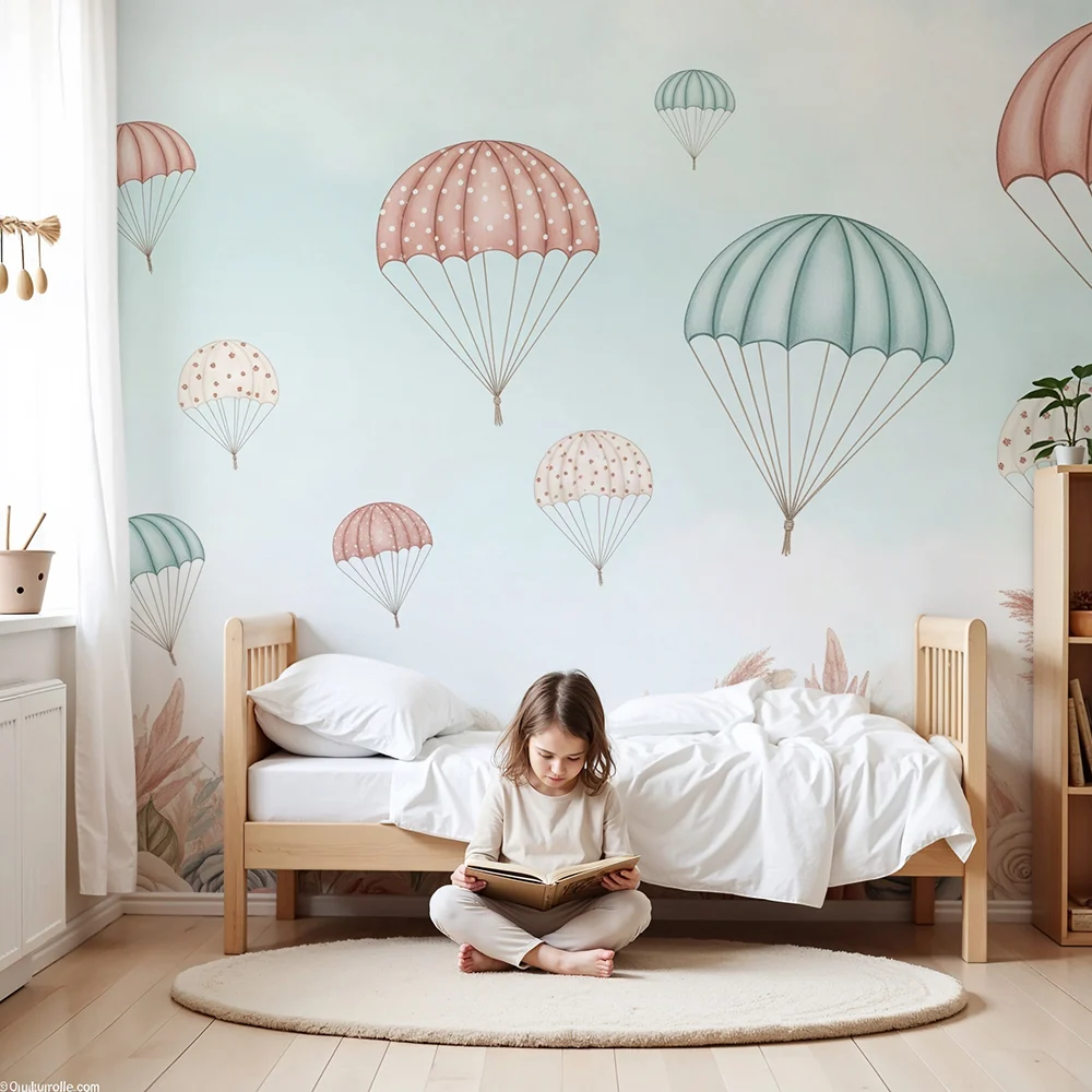Papier de parede quarto bebê | Šareni padobrani koji plutaju iznad cvjetnog vrta