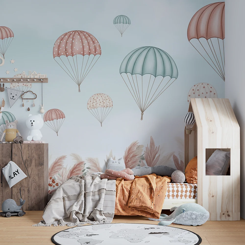 Papier de parede quarto bebê | Šareni padobrani koji plutaju iznad cvjetnog vrta