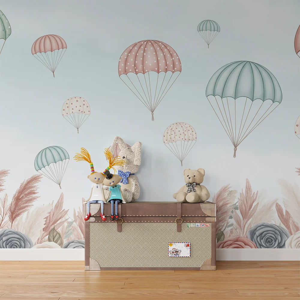 Papier de parede quarto bebê | Šareni padobrani koji plutaju iznad cvjetnog vrta