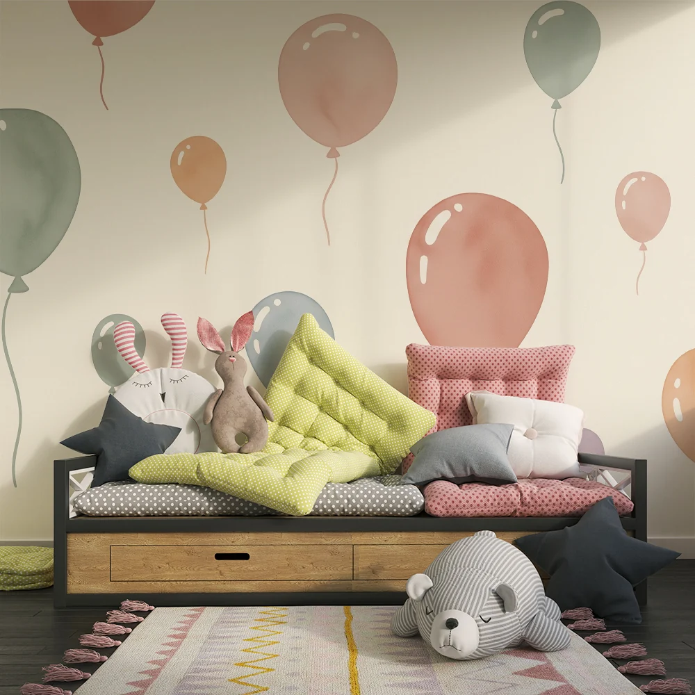 Papier de parede quarto bebê | Balões coloridos flutuando em um fundo suave
